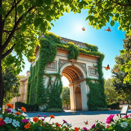 Arc de Triomphe enveloped by lush greenery and vibrant flowers, vines creeping over its stone structure, creating a harmonious blend of architecture and nature