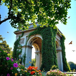 Arc de Triomphe enveloped by lush greenery and vibrant flowers, vines creeping over its stone structure, creating a harmonious blend of architecture and nature