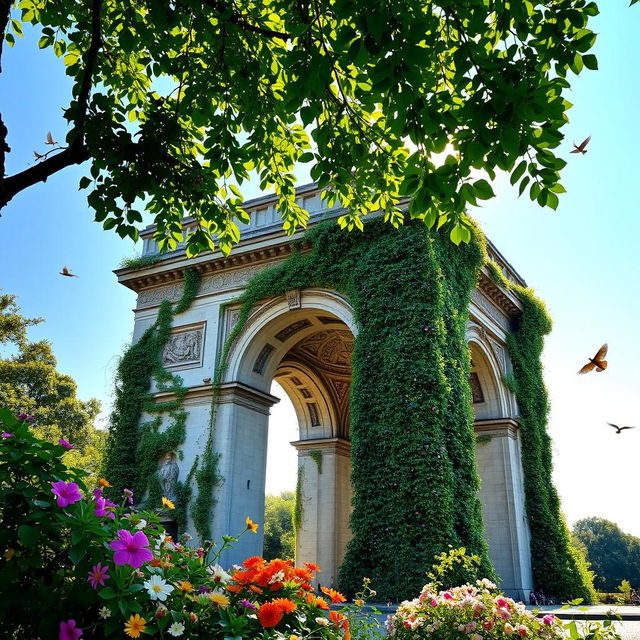 Arc de Triomphe enveloped by lush greenery and vibrant flowers, vines creeping over its stone structure, creating a harmonious blend of architecture and nature