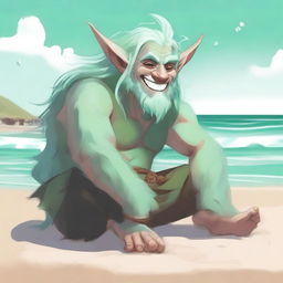 This is a high-definition digital art piece featuring a male firbolg with seafoam green hair and fur