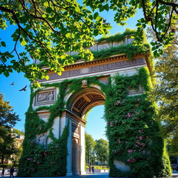 Arc de Triomphe enveloped by lush greenery and vibrant flowers, vines creeping over its stone structure, creating a harmonious blend of architecture and nature