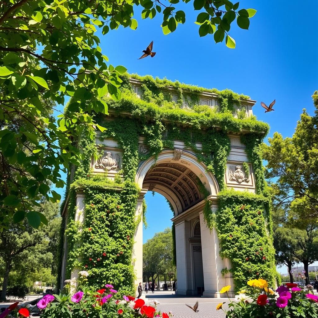 Arc de Triomphe enveloped by lush greenery and vibrant flowers, vines creeping over its stone structure, creating a harmonious blend of architecture and nature