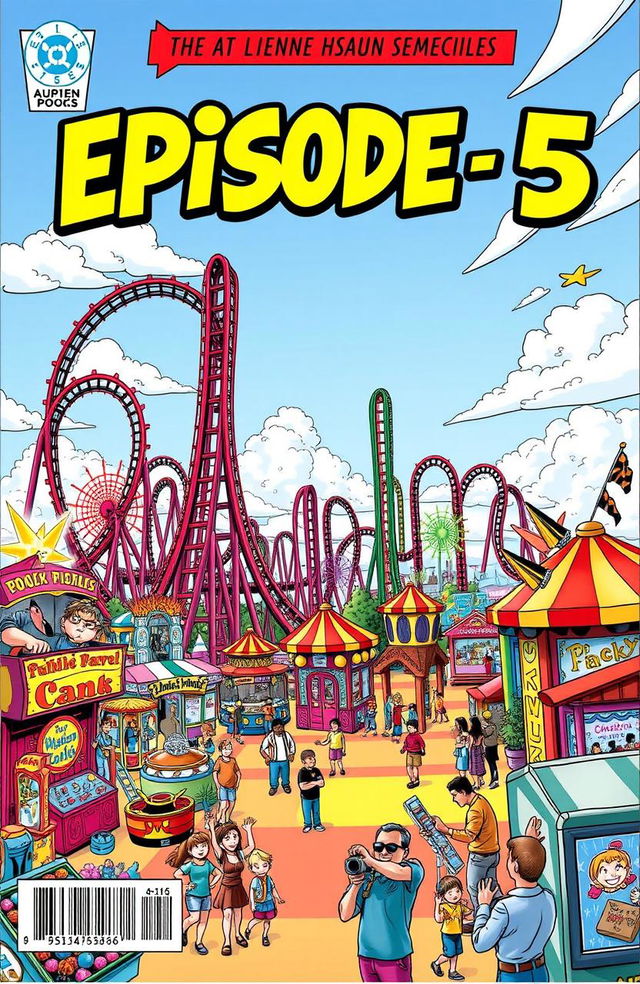 A vibrant and dynamic comic book cover featuring a thrilling theme park scene, filled with roller coasters twisting through the sky, colorful attractions, and joyful visitors enjoying their day