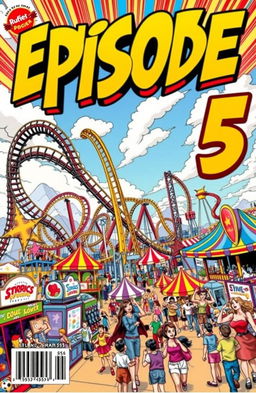 A vibrant and dynamic comic book cover featuring a thrilling theme park scene, filled with roller coasters twisting through the sky, colorful attractions, and joyful visitors enjoying their day