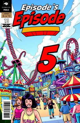 A vibrant and dynamic comic book cover featuring a thrilling theme park scene, filled with roller coasters twisting through the sky, colorful attractions, and joyful visitors enjoying their day