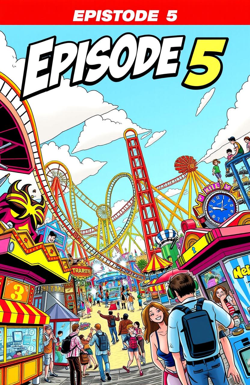 A vibrant and dynamic comic book cover featuring a thrilling theme park scene, filled with roller coasters twisting through the sky, colorful attractions, and joyful visitors enjoying their day