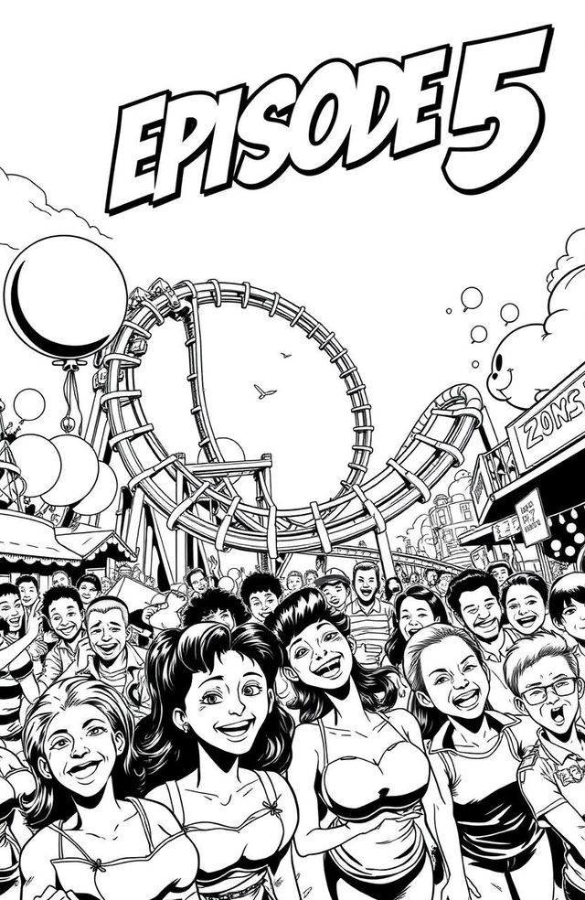 A thrilling comic book cover featuring a bustling theme park scene