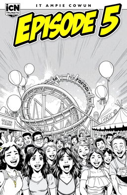A thrilling comic book cover featuring a bustling theme park scene