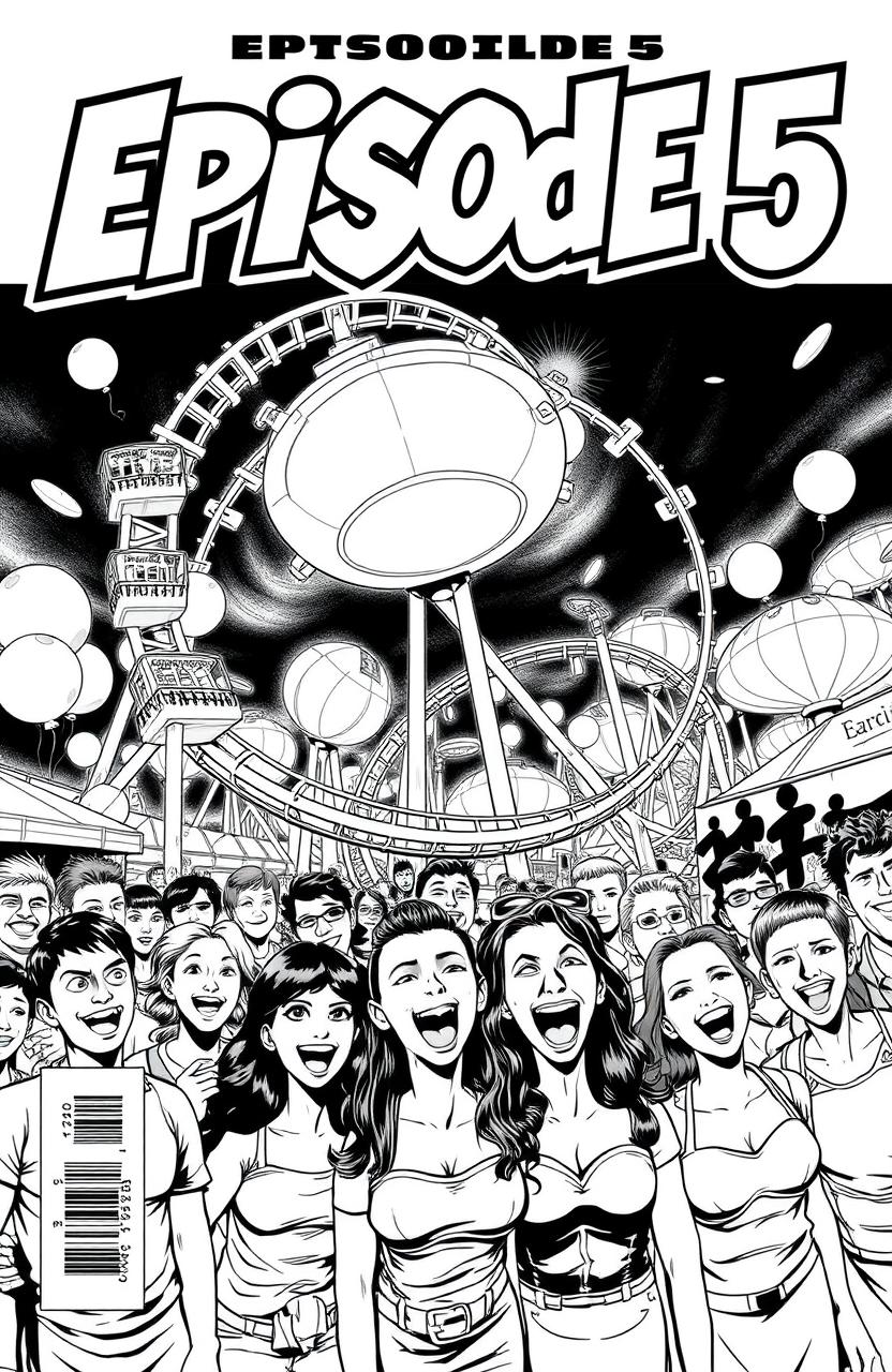 A thrilling comic book cover featuring a bustling theme park scene