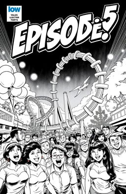 A thrilling comic book cover featuring a bustling theme park scene