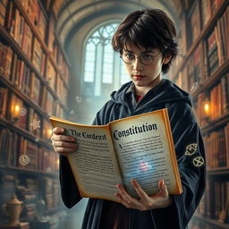 A captivating movie poster concept for a fictional Harry Potter film where the Spanish Constitution is presented as an ancient spellbook