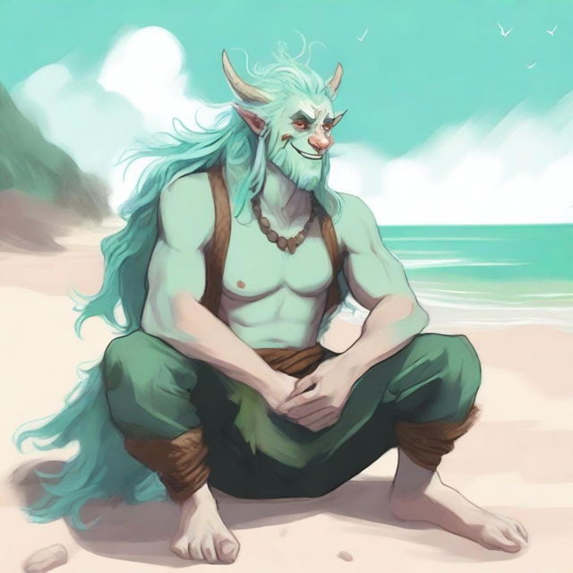 This is a high-definition digital art piece featuring a male firbolg with seafoam green hair and fur