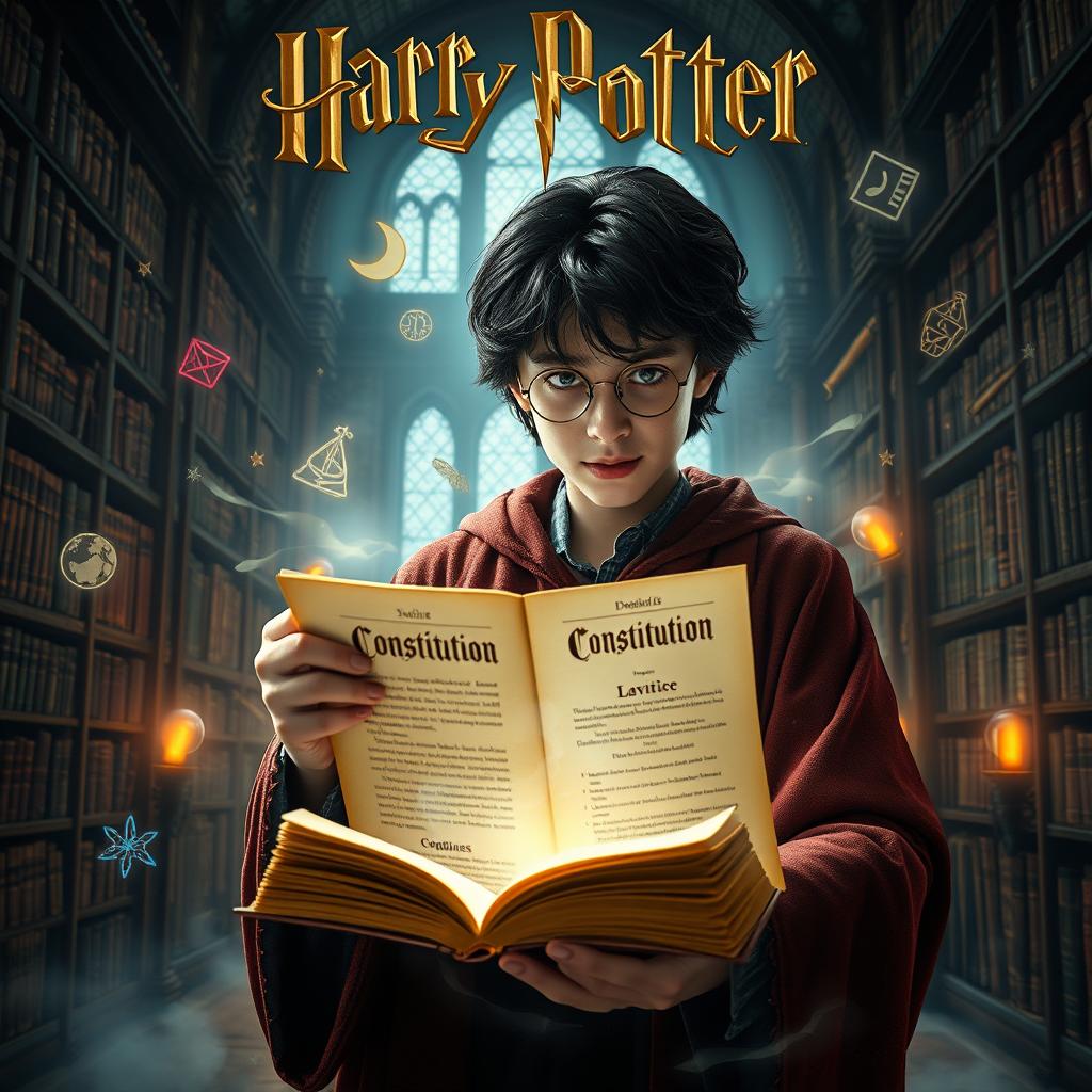 A captivating movie poster concept for a fictional Harry Potter film where the Spanish Constitution is presented as an ancient spellbook