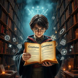 A captivating movie poster concept for a fictional Harry Potter film where the Spanish Constitution is presented as an ancient spellbook