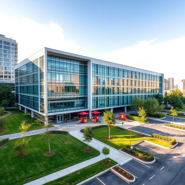 A modern indoor technical school located in a vibrant urban setting, featuring a sleek architectural design that combines glass and steel elements