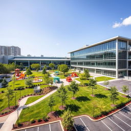 A modern indoor technical school located in a vibrant urban setting, featuring a sleek architectural design that combines glass and steel elements