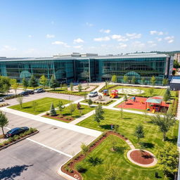 A modern indoor technical school located in a vibrant urban setting, featuring a sleek architectural design that combines glass and steel elements