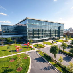 A modern indoor technical school located in a vibrant urban setting, featuring a sleek architectural design that combines glass and steel elements