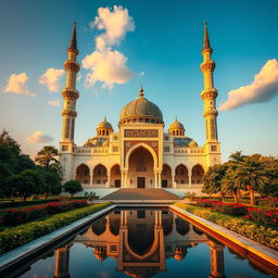 A beautiful masjid (mosque) showcasing intricate Islamic architecture, featuring towering minarets and a large dome adorned with ornate geometric patterns and delicate calligraphy
