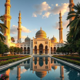 A beautiful masjid (mosque) showcasing intricate Islamic architecture, featuring towering minarets and a large dome adorned with ornate geometric patterns and delicate calligraphy