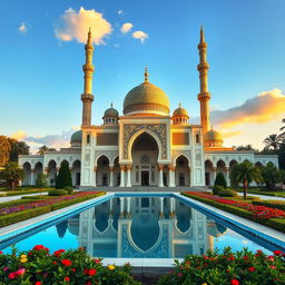 A beautiful masjid (mosque) showcasing intricate Islamic architecture, featuring towering minarets and a large dome adorned with ornate geometric patterns and delicate calligraphy