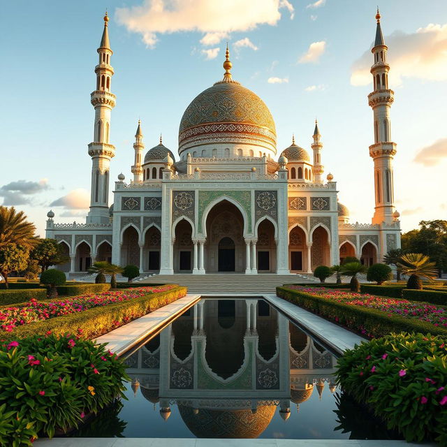 A beautiful masjid (mosque) showcasing intricate Islamic architecture, featuring towering minarets and a large dome adorned with ornate geometric patterns and delicate calligraphy