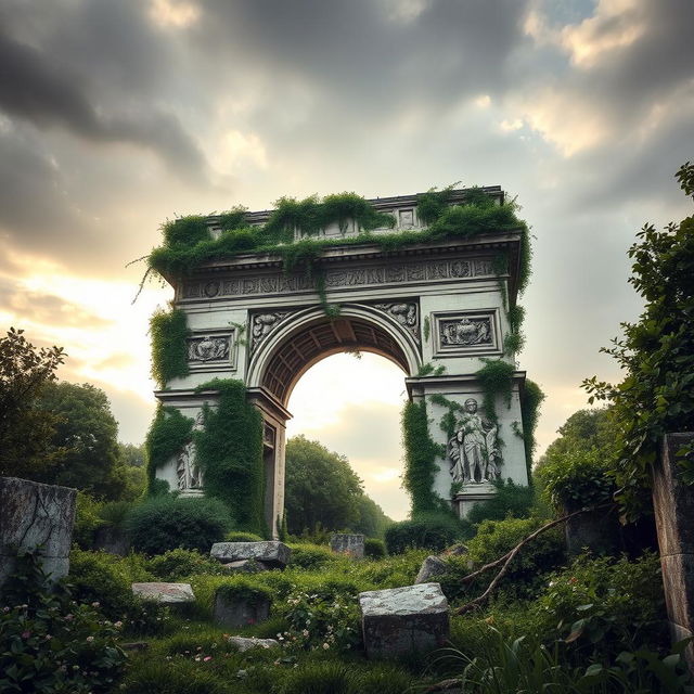 A photorealistic image of the Arc de Triomphe in ruins, overgrown with lush vegetation