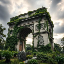 A photorealistic image of the Arc de Triomphe in ruins, overgrown with lush vegetation