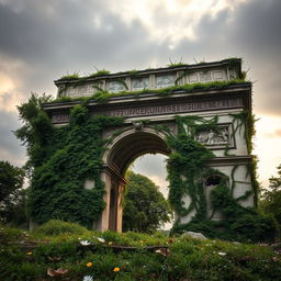 A photorealistic image of the Arc de Triomphe in ruins, overgrown with lush vegetation