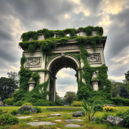 A photorealistic image of the Arc de Triomphe in ruins, overgrown with lush vegetation