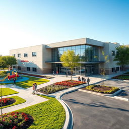A modern indoor technical school located in a cool area, featuring contemporary architecture