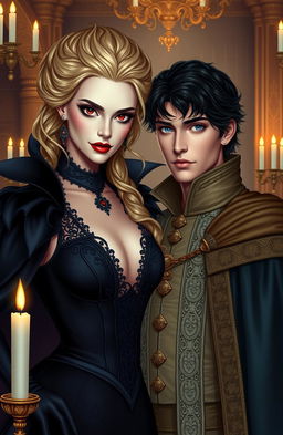 A beautiful villainess with striking blonde hair and captivating ruby-colored eyes, exuding an air of elegance and mystery