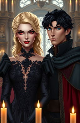 A beautiful villainess with striking blonde hair and captivating ruby-colored eyes, exuding an air of elegance and mystery