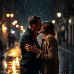A romantic scene featuring a couple kissing passionately under the rain at night