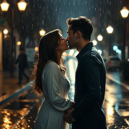 A romantic scene featuring a couple kissing passionately under the rain at night