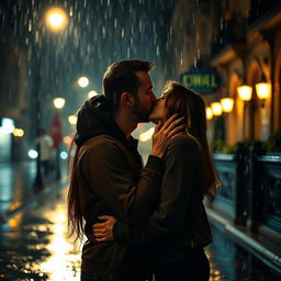 A romantic scene featuring a couple kissing passionately under the rain at night
