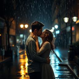 A romantic scene featuring a couple kissing passionately under the rain at night