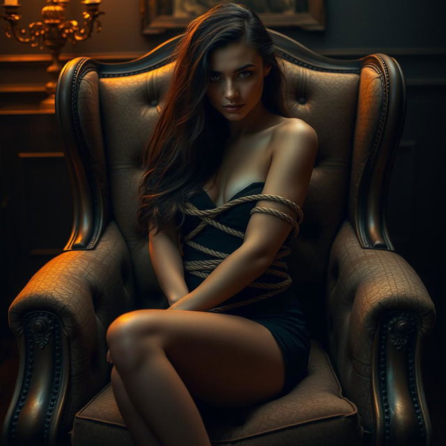 A mysterious and alluring woman, bound with elegant ropes, sitting gracefully on a vintage armchair