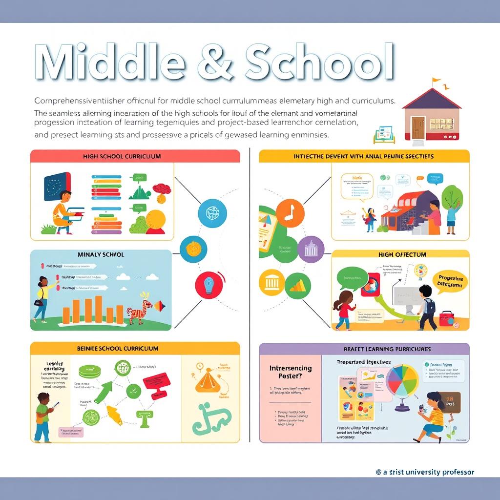 A visually striking poster design featuring 8 high-quality images that convey a comprehensive educational curriculum for middle school students, integrating the elementary and high school curriculums