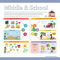 A visually striking poster design featuring 8 high-quality images that convey a comprehensive educational curriculum for middle school students, integrating the elementary and high school curriculums