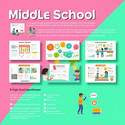 A visually striking poster design featuring 8 high-quality images that convey a comprehensive educational curriculum for middle school students, integrating the elementary and high school curriculums
