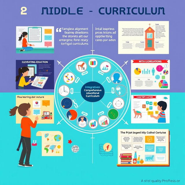 A visually striking poster design featuring 8 high-quality images that convey a comprehensive educational curriculum for middle school students, integrating the elementary and high school curriculums