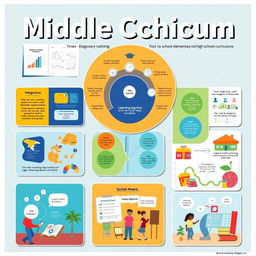 A visually striking poster design featuring 8 high-quality images that convey a comprehensive educational curriculum for middle school students, integrating the elementary and high school curriculums