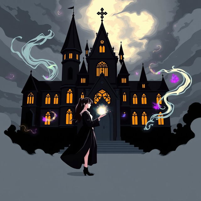 Two girls standing in front of a gothic-inspired magical academy, one girl holding a glowing magical artifact