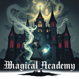 Two girls standing in front of a gothic-inspired magical academy, one girl holding a glowing magical artifact
