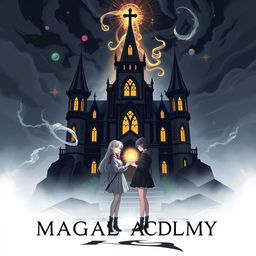 Two girls standing in front of a gothic-inspired magical academy, one girl holding a glowing magical artifact
