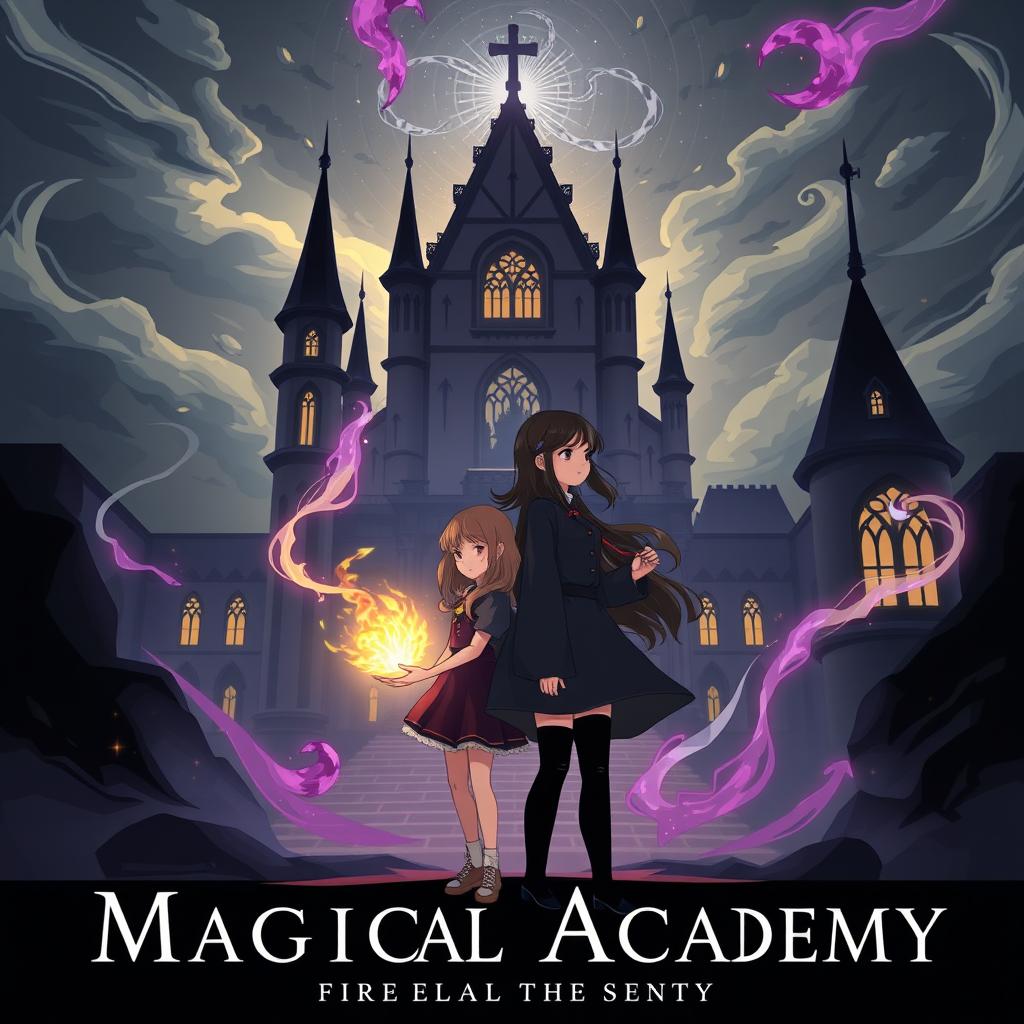 Two girls standing in front of a gothic-inspired magical academy, one girl holding a glowing magical artifact