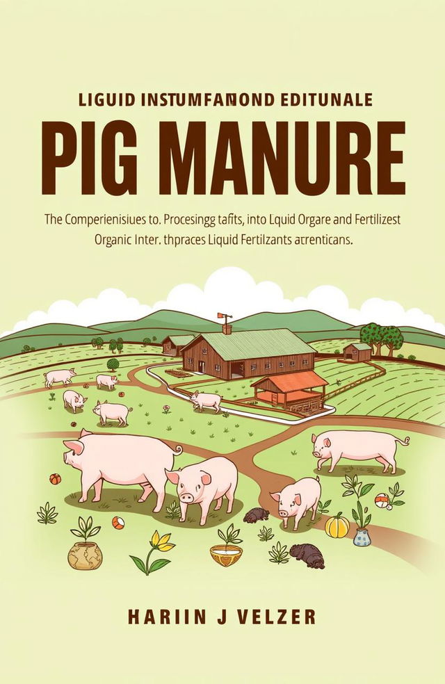 A comprehensive book cover design showcasing the techniques and benefits of processing pig manure into liquid organic fertilizer