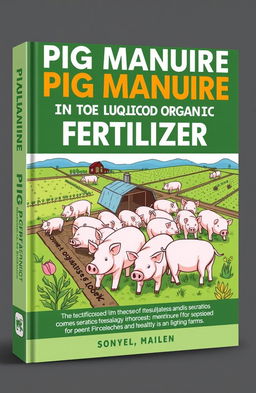 A comprehensive book cover design showcasing the techniques and benefits of processing pig manure into liquid organic fertilizer