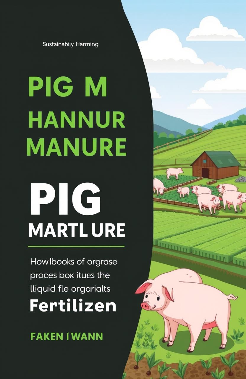 A comprehensive book cover design showcasing the techniques and benefits of processing pig manure into liquid organic fertilizer